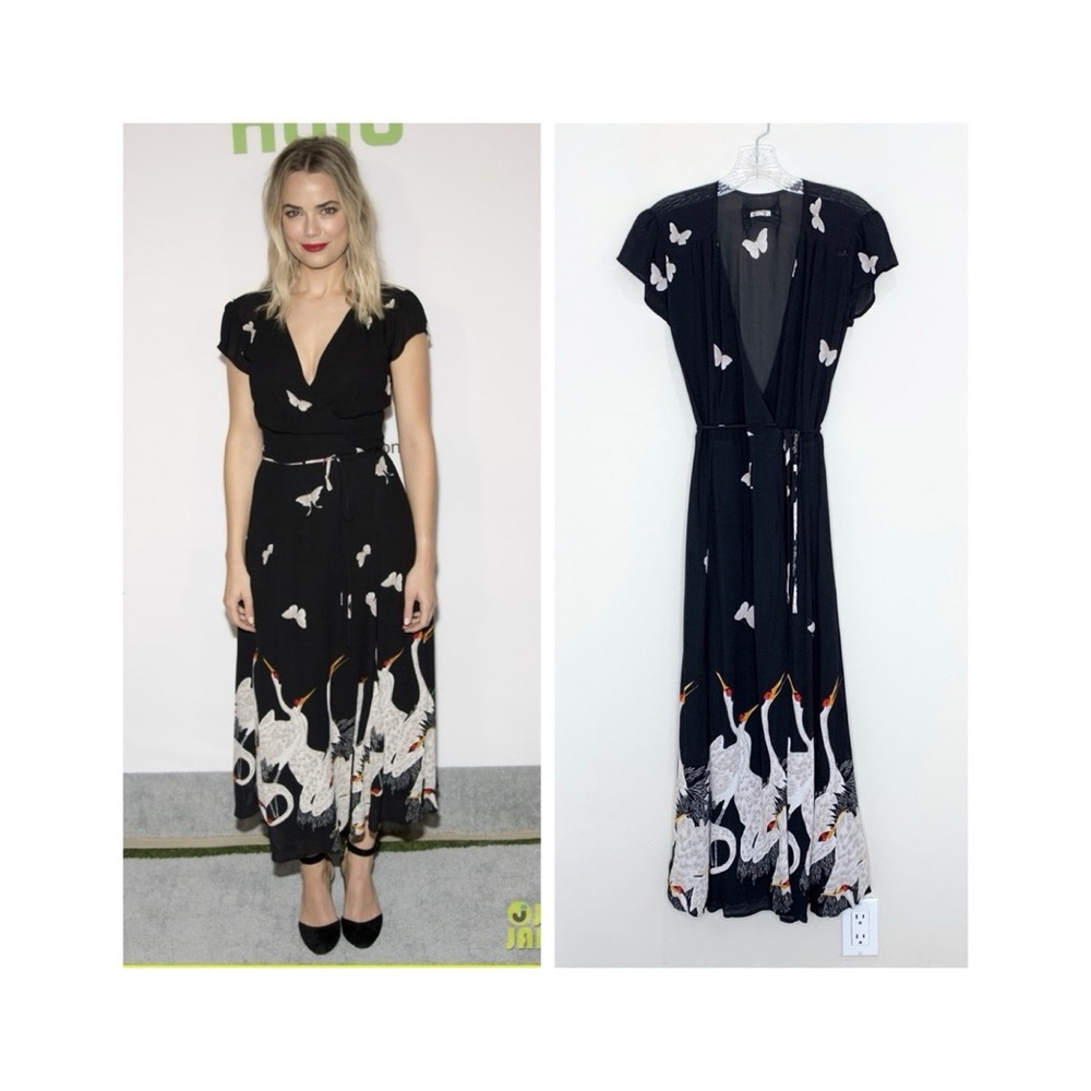 Reformation Carina Wrap Midi Dress (Sz XS) Rare Kushiro Crane & Butterfly Black
